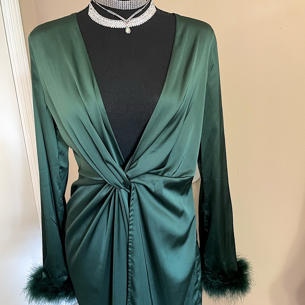 Fashion Nova, satin green, long fluffy sleeve, deep v-neck dress.